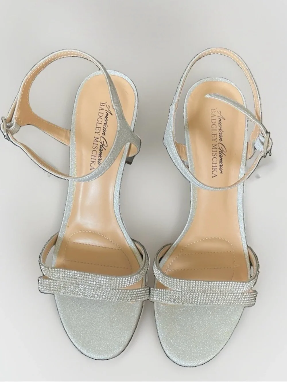 American glamour Badgley Mischka Silver Glitter Rhinestone Strap Heels
